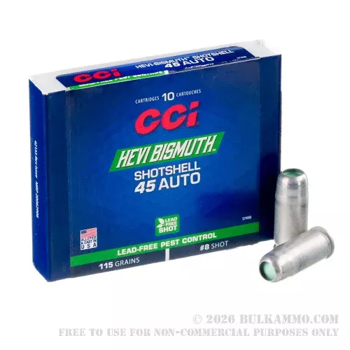 10 Rounds of .45 ACP Ammo by CCI Pest Control Shotshell – 115gr #8 Bismuth Shot