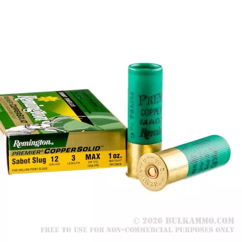 100 Rounds of 12ga Ammo by Remington Premier Copper Solid – 1 ounce HP magnum sabot slug