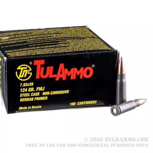 100 Rounds of 7.62x39mm Ammo by Tula – 124gr FMJ