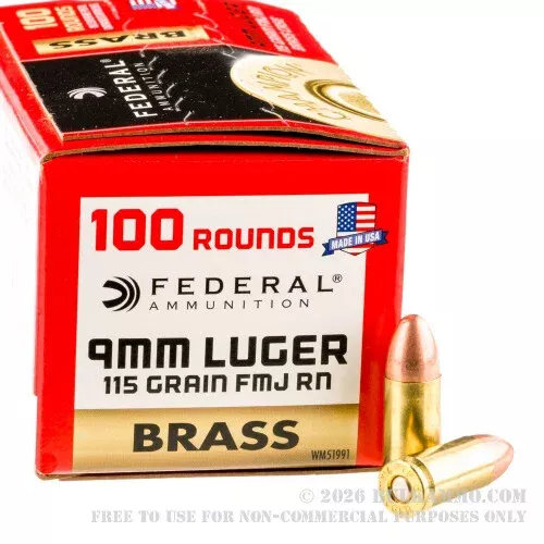 100 Rounds of 9mm Ammo by Federal Champion Brass – 115gr FMJ
