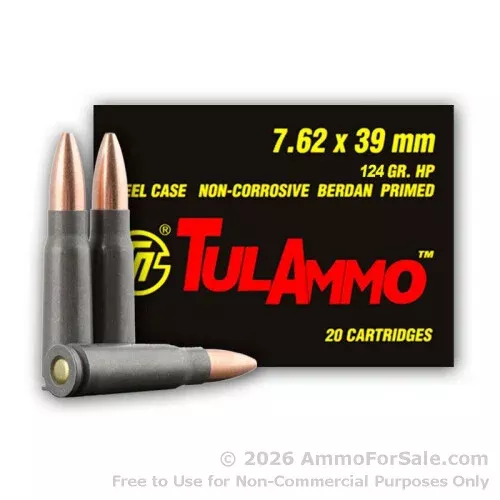 1000 Rounds of Discount 124gr HP 7.62x39mm Ammo For Sale by Tula
