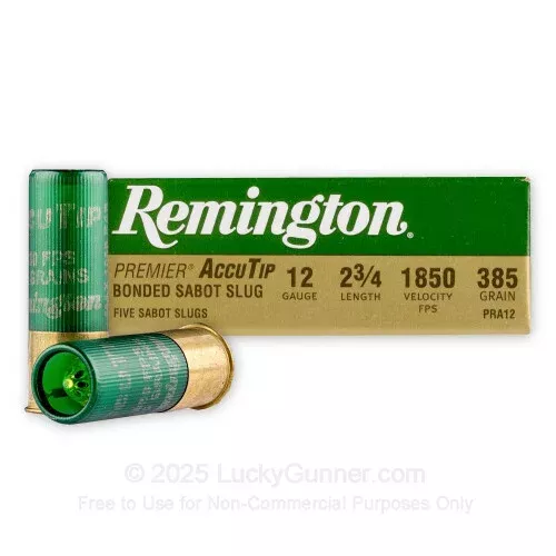 12 ga – 2-3/4″ 385 gr AccuTip Bonded Sabot Slug with Power Port Tip – Remington Premier – 5 Rounds