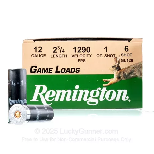 12 ga – 2-3/4″ Lead Shot – 1 oz. – #6 –Remington Game Load – 25 Rounds