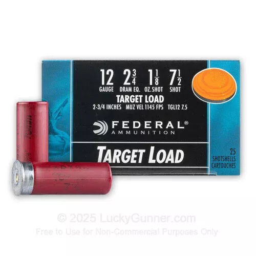 12 ga – 2-3/4″ Lead Shot Target Load – 1 1/8oz – 7-1/2 shot– Federal Top Gun – 250 Rounds