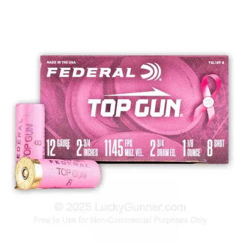 12 Gauge – 2-3/4″ 1-1/8 oz#8 Lead Shot – Pink Hull – Federal Top Gun – 250 Rounds