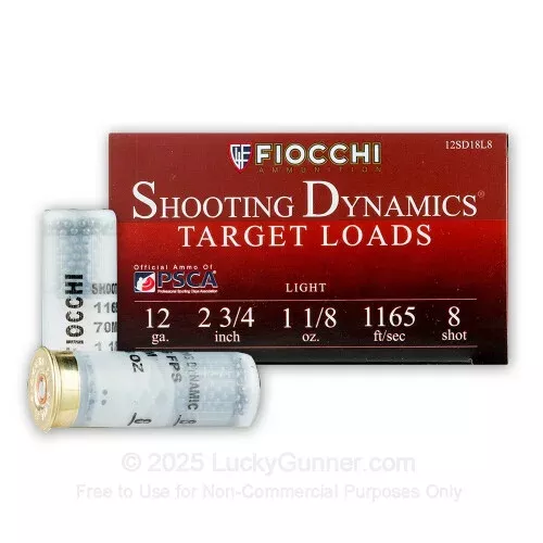 12 Gauge – 2-3/4″ 1-1/8 oz. #8 Shot – Fiocchi Shooting Dynamics – 25 Rounds