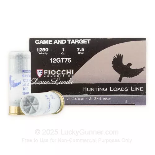 12 Gauge – 2-3/4″ 1 oz. #7.5 Shot – Fiocchi Dove Load – 25 Rounds