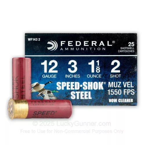 12 Gauge – 3″ 1-1/8 oz. #2 Steel Shot –Federal Speed Shok – 25 Rounds