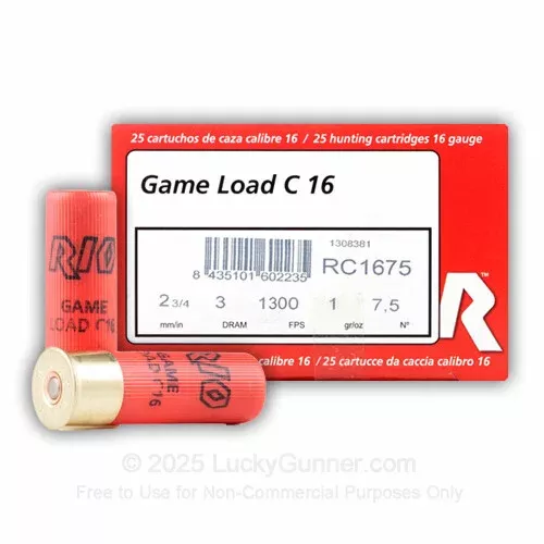 16 ga – 2-3/4″ Game Load – 1 oz – #7.5 – Rio Game Load – 250 Rounds