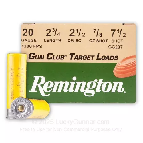 20 Gauge – 2-3/4″ 7/8 oz #7.5 Shot – Remington Gun Club Target Load – 25 Rounds
