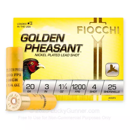 20 Gauge – 3″ 1-1/4 oz #4 Nickel Plated Lead Shot – Fiocchi Golden Pheasant – 25 Rounds