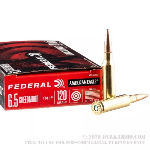 20 Rounds of 6.5 Creedmoor Ammo by Federal American Eagle – 120gr TMJ