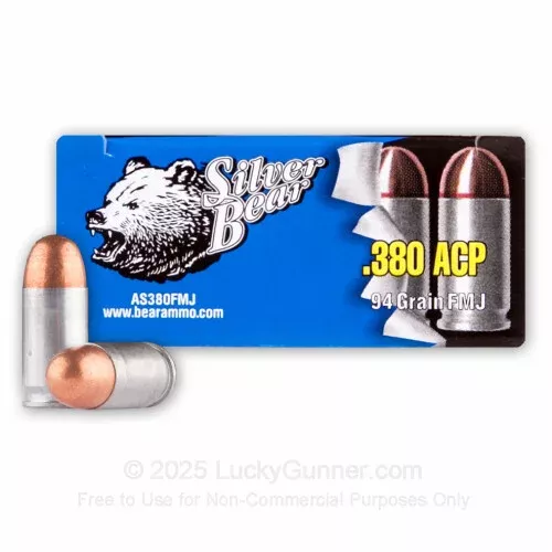 380 Auto – 94 Grain FMJ – Silver Bear – 50 Rounds