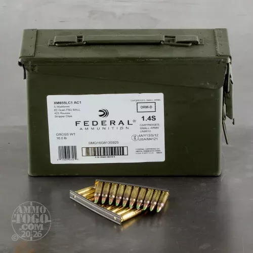 420rds – 5.56×45 Federal 62gr. FMJ XM855 Ammo on Stripper Clips in Ammo Can