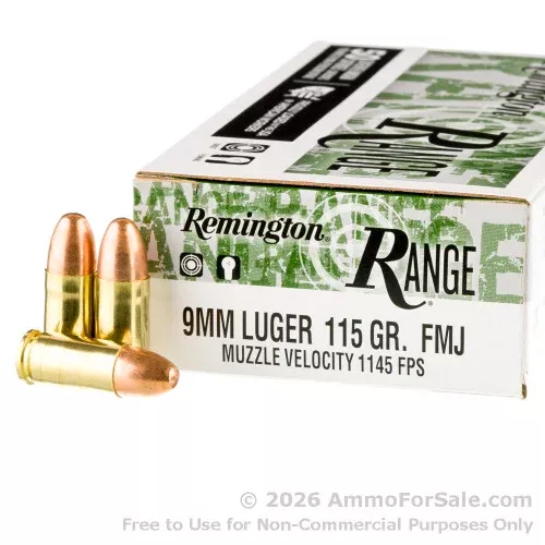 50 Rds 115gr FMJ 9mm Ammo by Remington Range