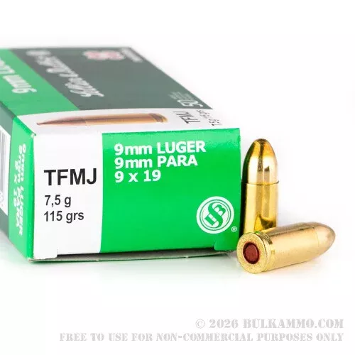 50 Rounds of 9mm Ammo by Sellier & Bellot Non-Toxic – 115gr TMJ