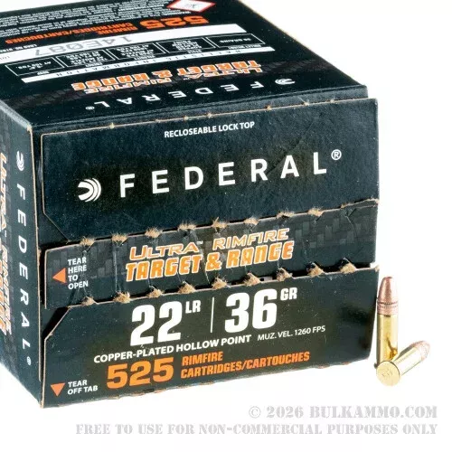 525 Rounds of .22 LR Ammo by Federal Ultra – 36gr CPHP