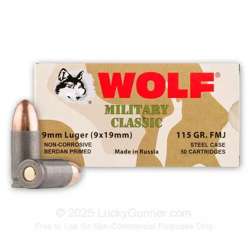 9mm – 115 gr FMJ – Wolf WPA MC – 50 Rounds