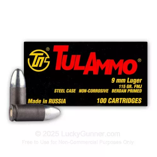 9mm – 115 Grain FMJ – Tula – 100 Rounds