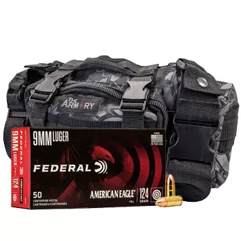 9mm 124gr FMJ Federal American Eagle Ammo – 500rds in The Armory Black Python Range Bag