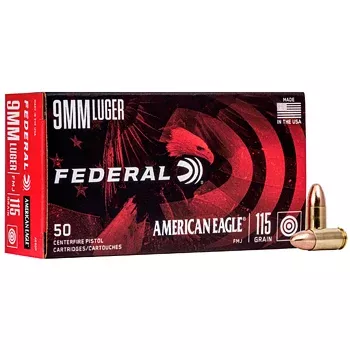 9mm Luger 115gr FMJ Federal American Eagle Ammo Box (50 rds)