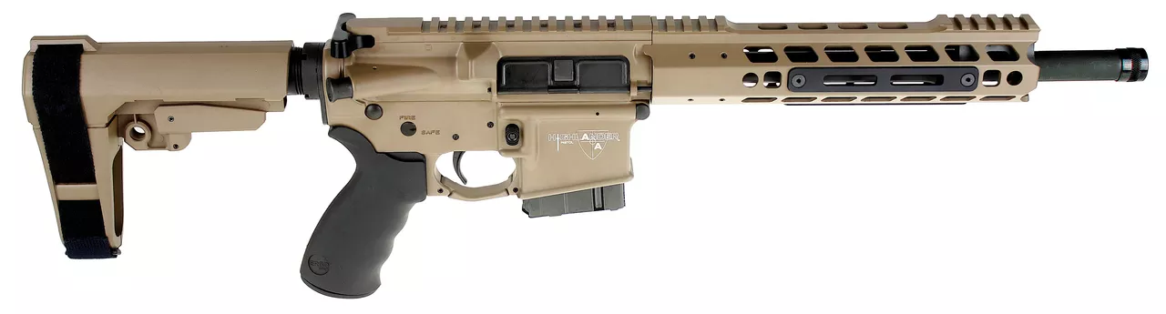 ALEXANDER ARMS Highlander 50 Beowulf 12″ 7rd Flat Dark Earth Cerakote Black Polymer Grip Adjustable SBA3 Pistol Brace