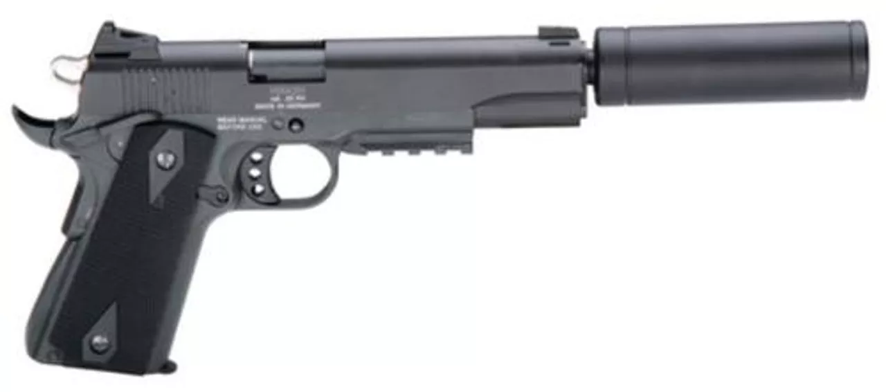 American Tactical, 1911, Semi-automatic, 22 LR, 5″ Barrel, Blued, Polymer Grips, 10Rd, Threaded, Faux Suppressor