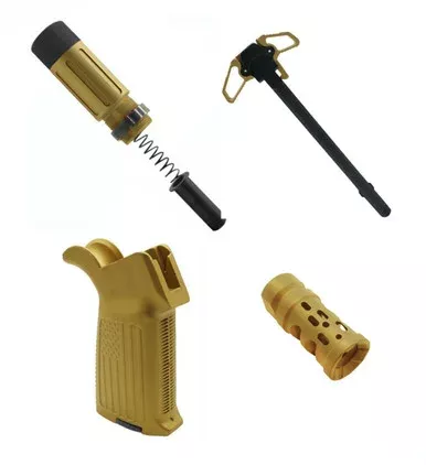 AR-15 3.5″ Short Buffer System Combo – A2 Flag Grip – Ambi Charging Handle – Ported Muzzle Brake – Cerakote Gold