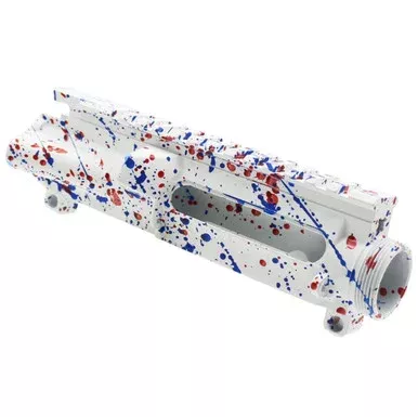 AR-15 Mil-Spec Upper Receiver – Base Bright White – Pattern – Blue Flame – Red – Made in U.S.A – Cerakote Splatter