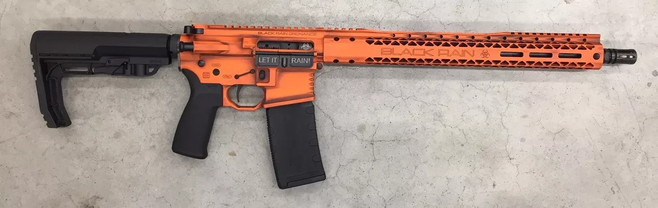 Black Rain Outbreak AR-15 Billett Special Edition 5.56/223 16″ Barrel, Orange Battleworn Cerakote, 15″ Slim Rail 30rd Mag