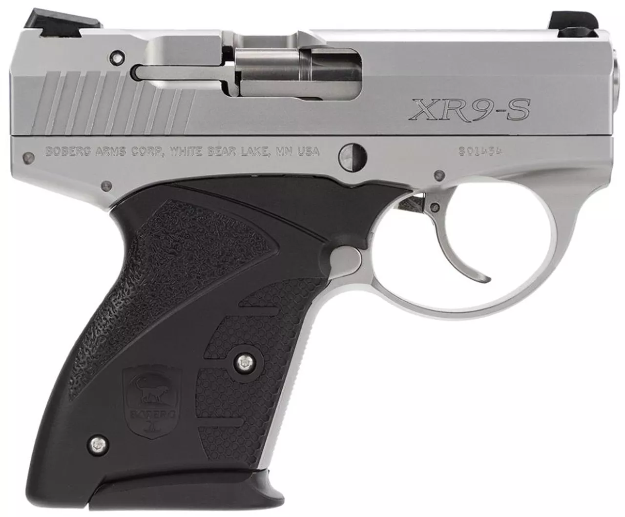 Boberg Platinum 9mm DAO, 3.35″ Barrel, Black Zytel Grip Nickel/Chrome, 7rdrd
