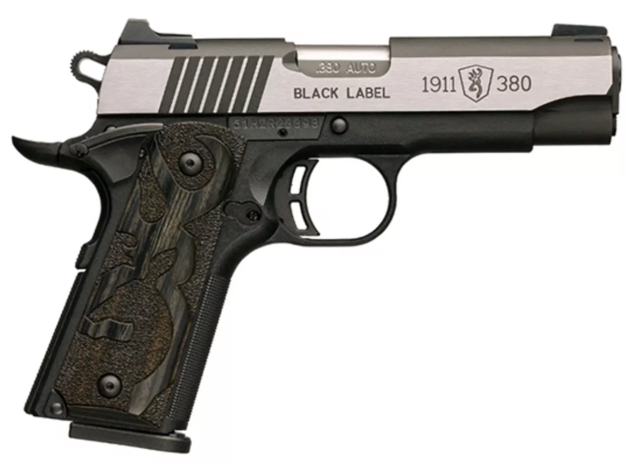 Browning 1911 380ACP, Black/Blued, Med Pro, 3.58″, Night Sights, Laminated