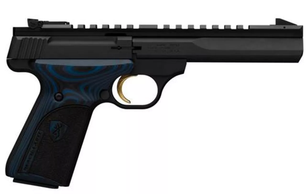 Browning, Buck Mark Black Label, Semi-automatic, 22 LR, 5.5 Barrel”, Blued, Aluminum Frame, Black Color, Blue/Black G10 Grips, Thumb Safety, Blade Front/Adjustable Rear Sights, 10Rd, 2 Magazines