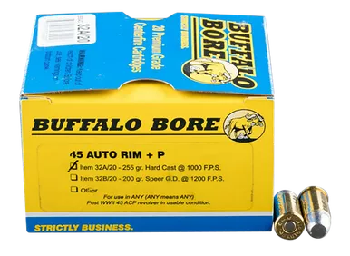 Buffalo Bore 45 Auto Rim +P Ammo 255 Grain Hard Cast Flat Nose Box of 20