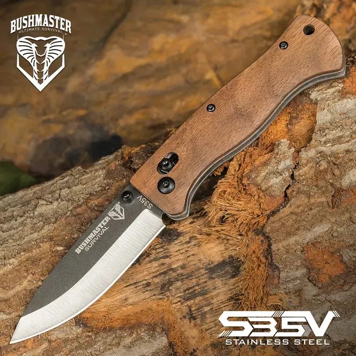 BUSHMASTER EXPLORER POCKET KNIFE – S35V STEEL BLADE, ZEBRA WOOD HANDLE SCALES, BALL BEARING PIVOT LOCK – CLOSED 4 3/8” – UC3441 – Weapons Galore