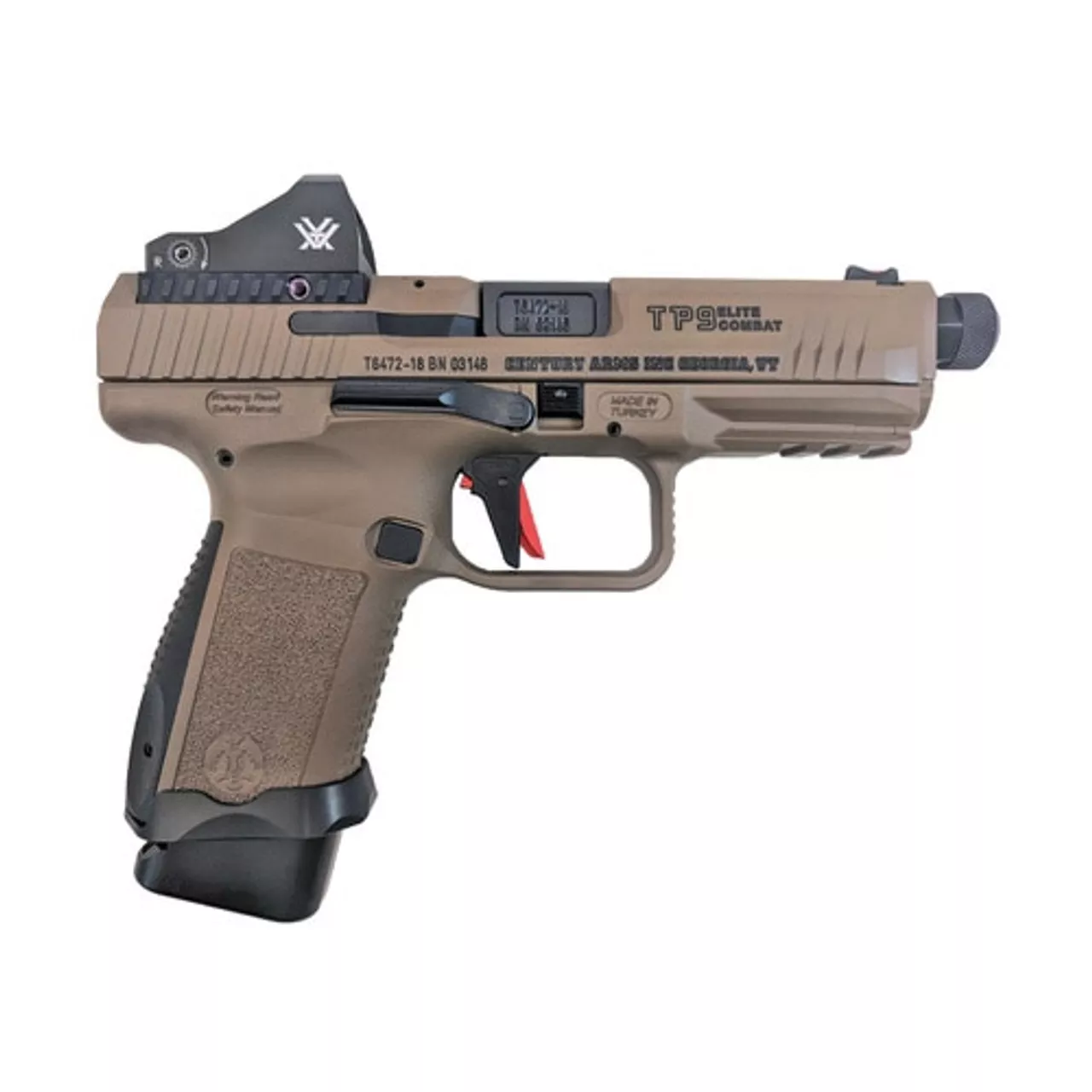 Canik TP9SF Combat 9mm, 4.78″ Threaded Barrel, Mag Well, FDE, Vortex Viper, 15rnd Mags