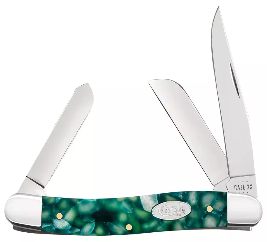 Case 71382 SparXX Stockman Medium Folding Clip Point/Sheepsfoot/Spey Plain Mirror Polished Tru-Sharp SS Blade/ Green Kirinite Handle