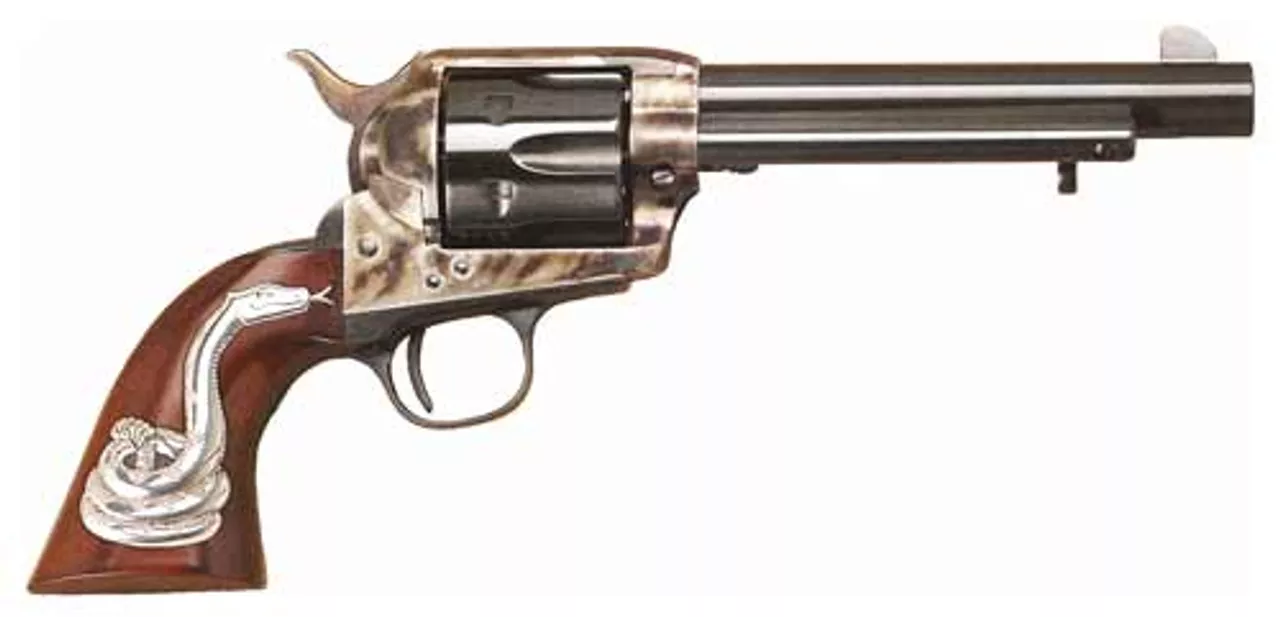 Cimarron Man With No Name SAA .45 Colt 5.5″ Barrel Rattlesnake Inlaid Grip Blue Finish