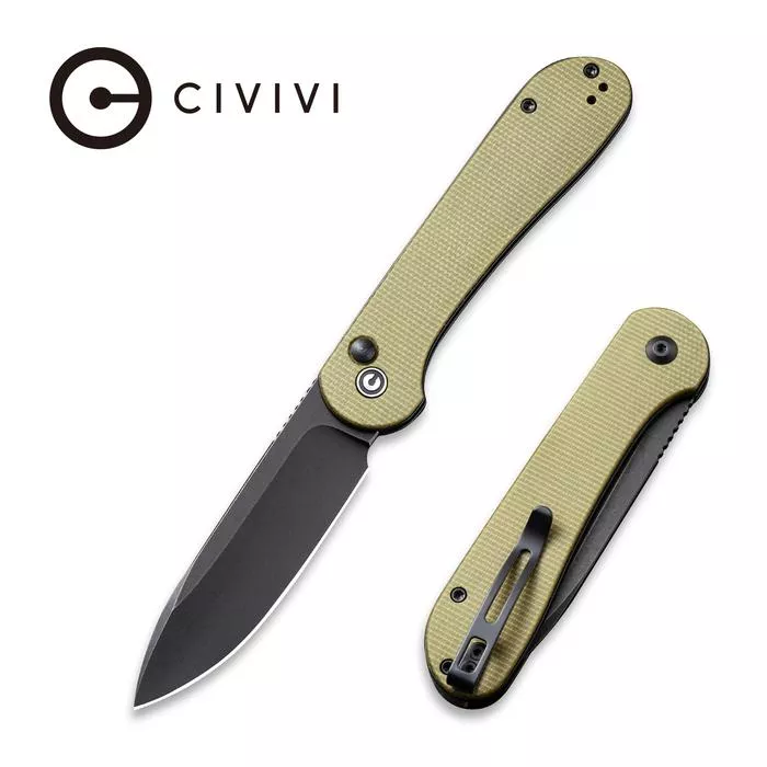 CIVIVI Button Lock Elementum – Olive Micarta Handle (3.47″ Black Stonewashed 14C28N) C 2103B – Weapons Galore