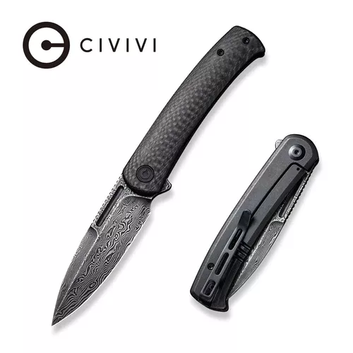 CIVIVI Cetos Flipper Knife Twill Carbon Fiber With Black Steel Lock Side Handle (3.48″ Black Hand Rubbed Damascus) C21025B-DS1 – Weapons Galore