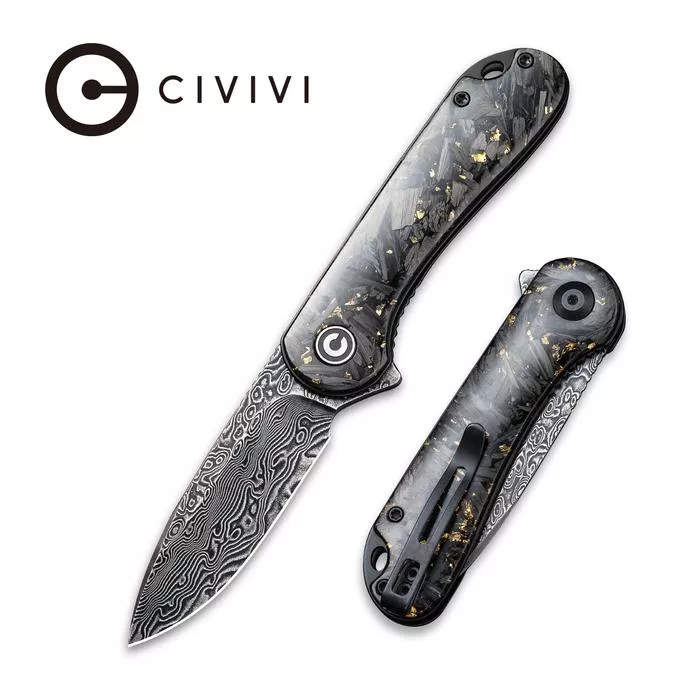 Civivi Elementum Flipper Knife Shredded Carbon Fiber And Golden Shred In Clear Resin Contoured Handle (2.96″ Black Hand Rubbed Damascus) C907C-DS1 – Weapons Galore