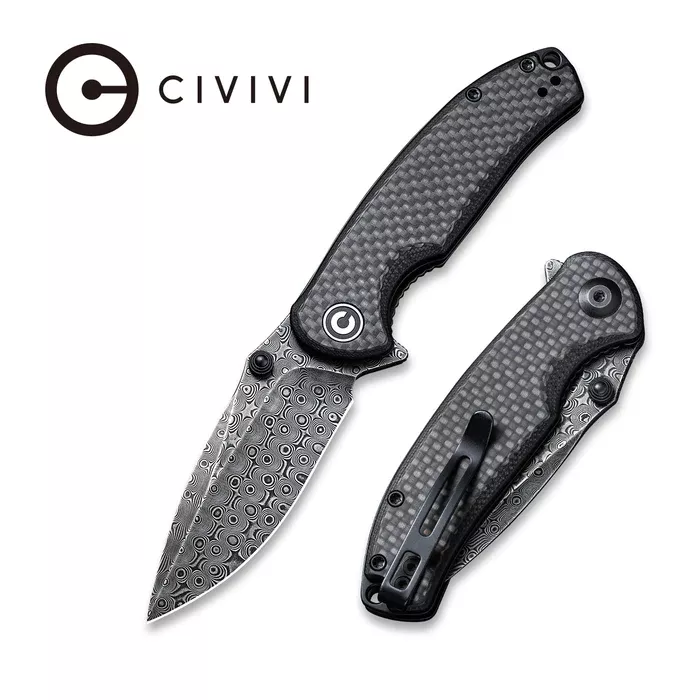 CIVIVI Pintail Flipper Knife – Twill Carbon Fiber Overlay On Black G10 Handle (2.98″ Black Hand Rubbed Damascus Blade) C 2020DS-1 – Weapons Galore