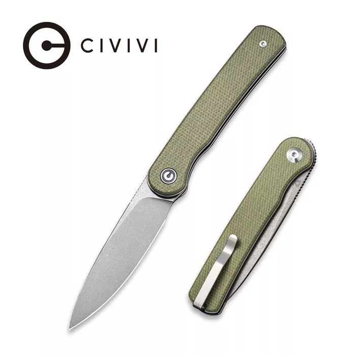 Civivi Stylum Front Flipper / Slip Joint Knife – Olive Micarta Handle (2.96” Gray Stonewashed 10Cr15CoMoV) – UK FRIENDLY CARRY KNIFE – C20010B-B – Weapons Galore