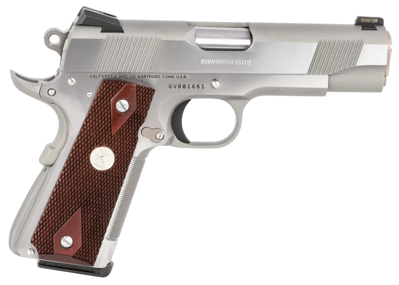 Colt 1911 Combat Commander Elite 45 ACP 4.25″ Barrel Two-Tone Elite Black G10 Checkered Scallop Grip, 8rd Mag