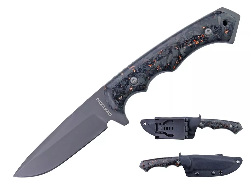 Defcon D2 Tool Steel Hunting Fixed Blade Knife I 4″ Blade I w/ Kydex Sheath I Forged Carbon Fibre Resin Handle W/ Copper Flakes – TD007BK-1 – Weapons Galore