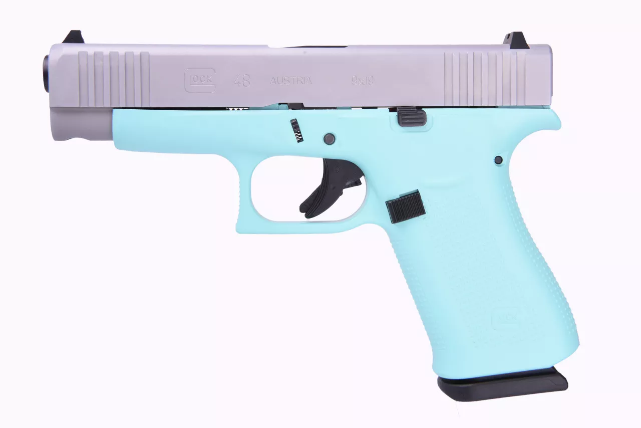 Glock 48 9mm, 4″ Barrel, Fixed Sights, Robin Egg Blue, Silver nPVD Slide, 2x 10rd