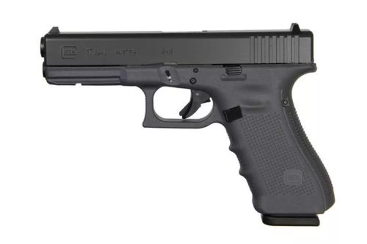 Glock G17 Gen4, 9mm, 17rd, 4.49″, Gray Frame, Black Slide, Fixed Sights