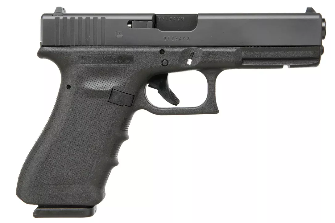 Glock PT1750203 G17 Gen3 9mm Luger Caliber with 4.49″ Barrel, 17+1 Capacity, Overall Black Finish, Picatinny Rail Frame, Serrated Slide, Finger Grooved Rough Texture Polymer Grip & Fixed Sights