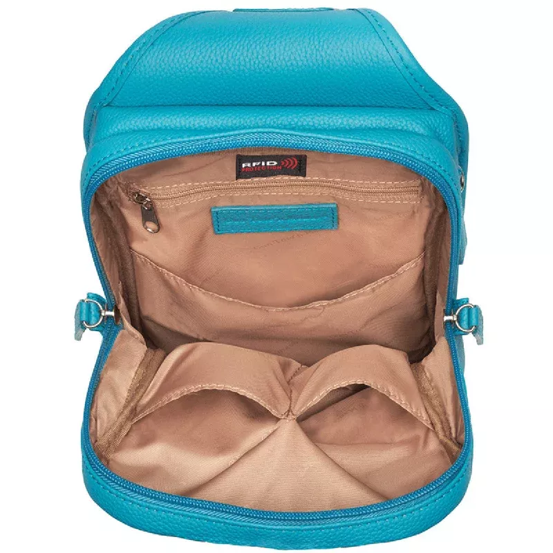 Gun Tote’n Mamas/Kingport Mini Sling Backpack, Turquoise Leather Debossed USA Cowhide Cross-Body Bag – GTM110TBLUE