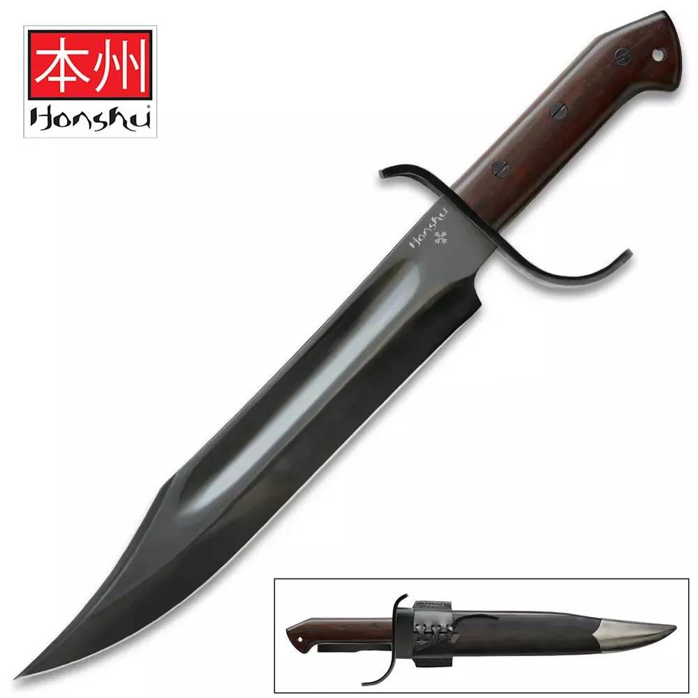 HONSHU HISTORIC FORGE PIONEER BOWIE KNIFE – 1075 CARBON STEEL BLADE, BLUED FINISH, HEARTWOOD HANDLE – LENGTH 17 3/4″ – UC3545 – Weapons Galore
